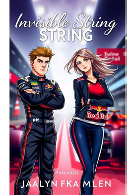 A captivating Wattpad cover for a story titled "Invisible String" featuring Max Verstappen, the famous Formula 1 driver, and Lily Beaumont, the social media manager of Red Bull F1