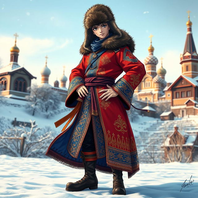 A character resembling a ninja from a popular anime, inspired by the traditional Russian costume