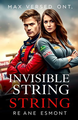 A dynamic and captivating Wattpad story cover featuring Max Verstappen and Lily Beaumont, the social media manager of Red Bull Racing F1