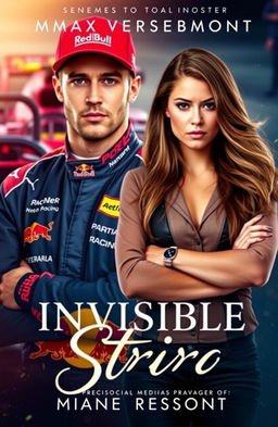 A dynamic and captivating Wattpad story cover featuring Max Verstappen and Lily Beaumont, the social media manager of Red Bull Racing F1