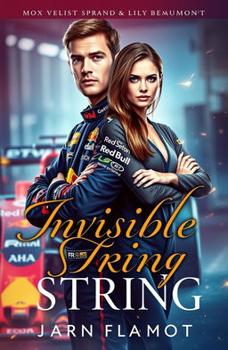 A dynamic and captivating Wattpad story cover featuring Max Verstappen and Lily Beaumont, the social media manager of Red Bull Racing F1