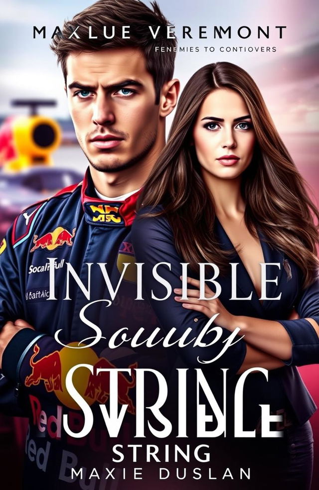 A dynamic and captivating Wattpad story cover featuring Max Verstappen and Lily Beaumont, the social media manager of Red Bull Racing F1