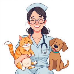 A woman in a nurse uniform, wearing round glasses, lovingly holding a playful cat in one arm and a friendly dog in the other