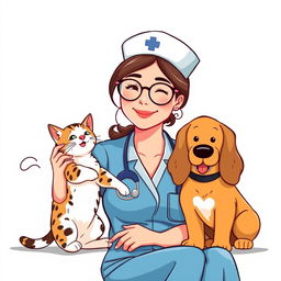 A woman in a nurse uniform, wearing round glasses, lovingly holding a playful cat in one arm and a friendly dog in the other