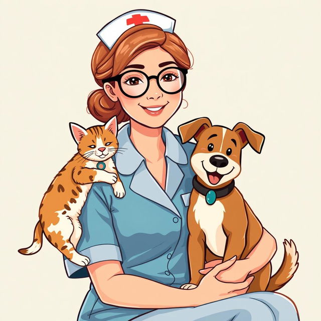 A woman in a nurse uniform, wearing round glasses, lovingly holding a playful cat in one arm and a friendly dog in the other