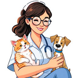 A woman in a nurse uniform, wearing round glasses, lovingly holding a playful cat in one arm and a friendly dog in the other