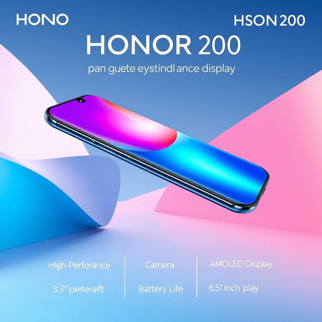 A striking advertisement for the HONOR 200 smartphone, featuring a sleek, modern design showcasing its vibrant display and innovative features