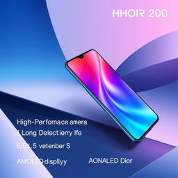 A striking advertisement for the HONOR 200 smartphone, featuring a sleek, modern design showcasing its vibrant display and innovative features