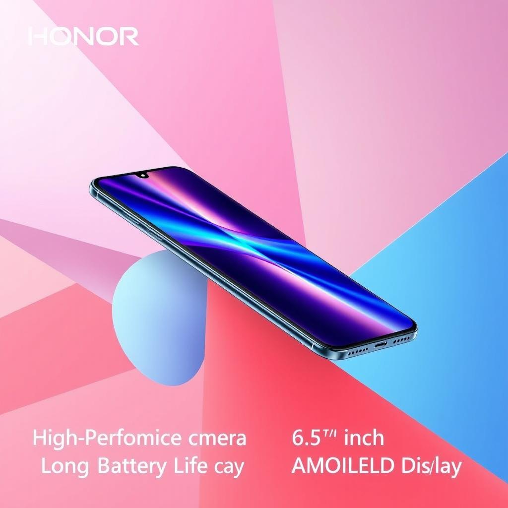 A striking advertisement for the HONOR 200 smartphone, featuring a sleek, modern design showcasing its vibrant display and innovative features