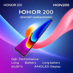 A striking advertisement for the HONOR 200 smartphone, featuring a sleek, modern design showcasing its vibrant display and innovative features