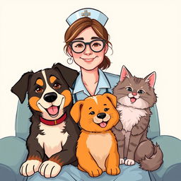 A woman in a nurse uniform with a friendly expression, wearing round glasses, is sitting comfortably beside a playful dog and a fluffy cat