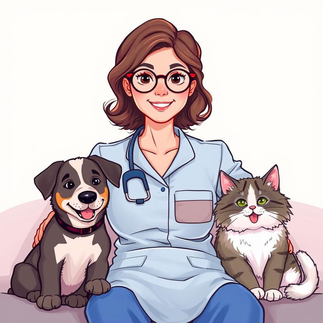 A woman in a nurse uniform with a friendly expression, wearing round glasses, is sitting comfortably beside a playful dog and a fluffy cat