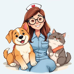 A woman in a nurse uniform with a friendly expression, wearing round glasses, is sitting comfortably beside a playful dog and a fluffy cat