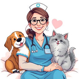 A woman in a nurse uniform with a friendly expression, wearing round glasses, is sitting comfortably beside a playful dog and a fluffy cat