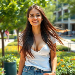 A beautiful Turkish university student with large, round breasts, radiating charm and playfulness