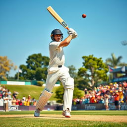 A dynamic scene of a cricket match in an outdoor stadium, capturing the excitement of the game