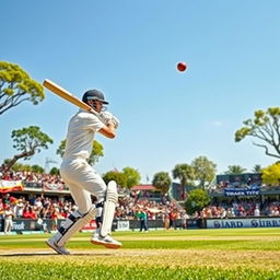 A dynamic scene of a cricket match in an outdoor stadium, capturing the excitement of the game