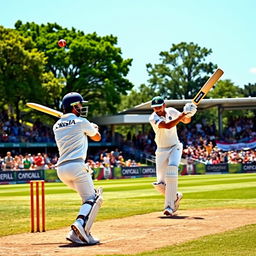A dynamic scene of a cricket match in an outdoor stadium, capturing the excitement of the game