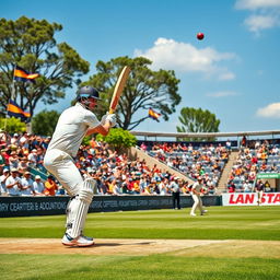 A dynamic scene of a cricket match in an outdoor stadium, capturing the excitement of the game