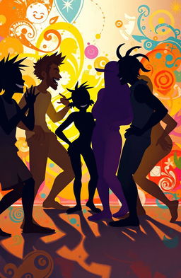 A vibrant digital painting showcasing a group of diverse human shadow characters engaging in playful teasing or ragging