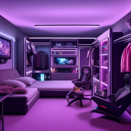 A well-organized, L-shaped room filled with a neatly made up bed, an advanced gaming setup with cutting edge technology, a spacious wardrobe, and a comfortable sofa arranged in harmony.