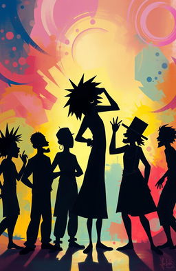 A vibrant digital painting showcasing a group of diverse human shadow characters engaging in playful teasing or ragging