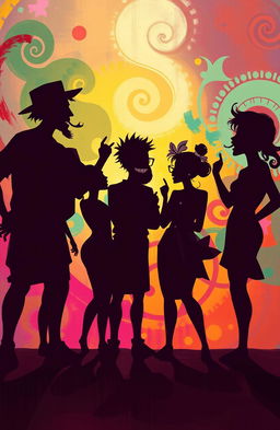 A vibrant digital painting showcasing a group of diverse human shadow characters engaging in playful teasing or ragging