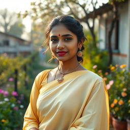 A beautiful Indian woman wearing a plain coloured cotton choli and a simple lehenga, captured in a medium long shot