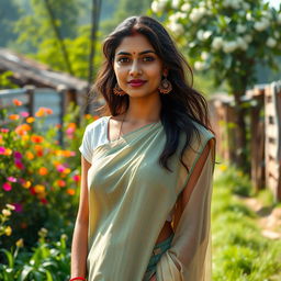 A beautiful Indian woman wearing a plain coloured cotton choli and a simple lehenga, captured in a medium long shot