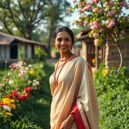 A beautiful Indian woman wearing a plain coloured cotton choli and a simple lehenga, captured in a medium long shot