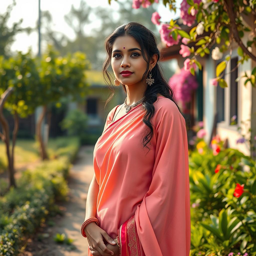 A beautiful Indian woman wearing a plain coloured cotton choli and a simple lehenga, captured in a medium long shot