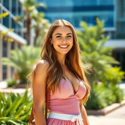 A beautiful Australian university student with large, round breasts, radiating charm and playfulness