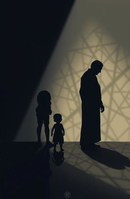 A digital painting of abstract shadow figures representing different phases of human life, each in a unique pose that symbolizes struggle and torture