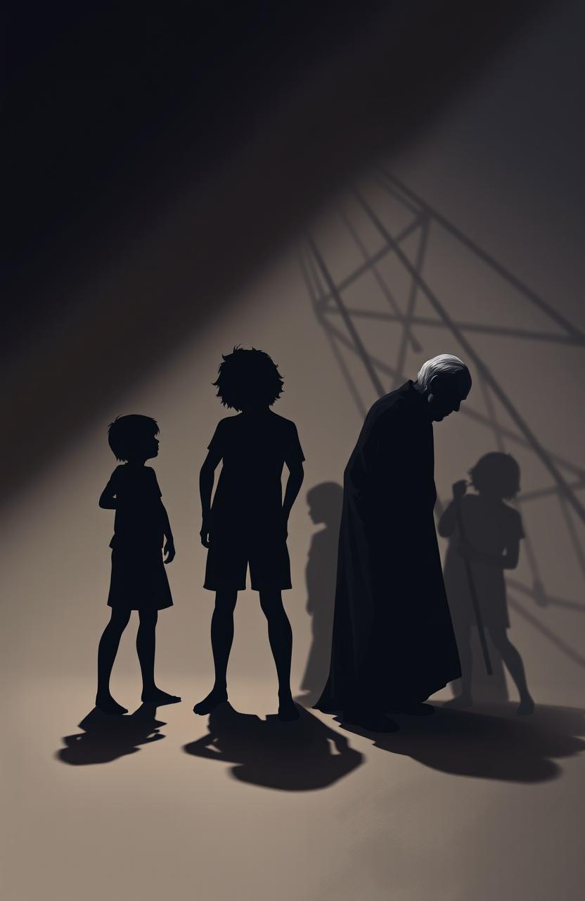 A digital painting of abstract shadow figures representing different phases of human life, each in a unique pose that symbolizes struggle and torture