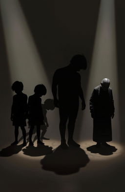 A digital painting of abstract shadow figures representing different phases of human life, each in a unique pose that symbolizes struggle and torture