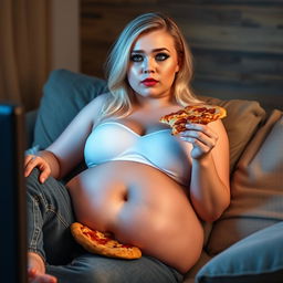 A beautiful, curvy 18-year-old blonde girl with a thin face and large round soft breasts is sitting on a couch