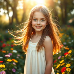 A stunningly beautiful girl with flowing long hair, sparkling blue eyes, and a radiant smile, standing in a lush green garden filled with colorful flowers