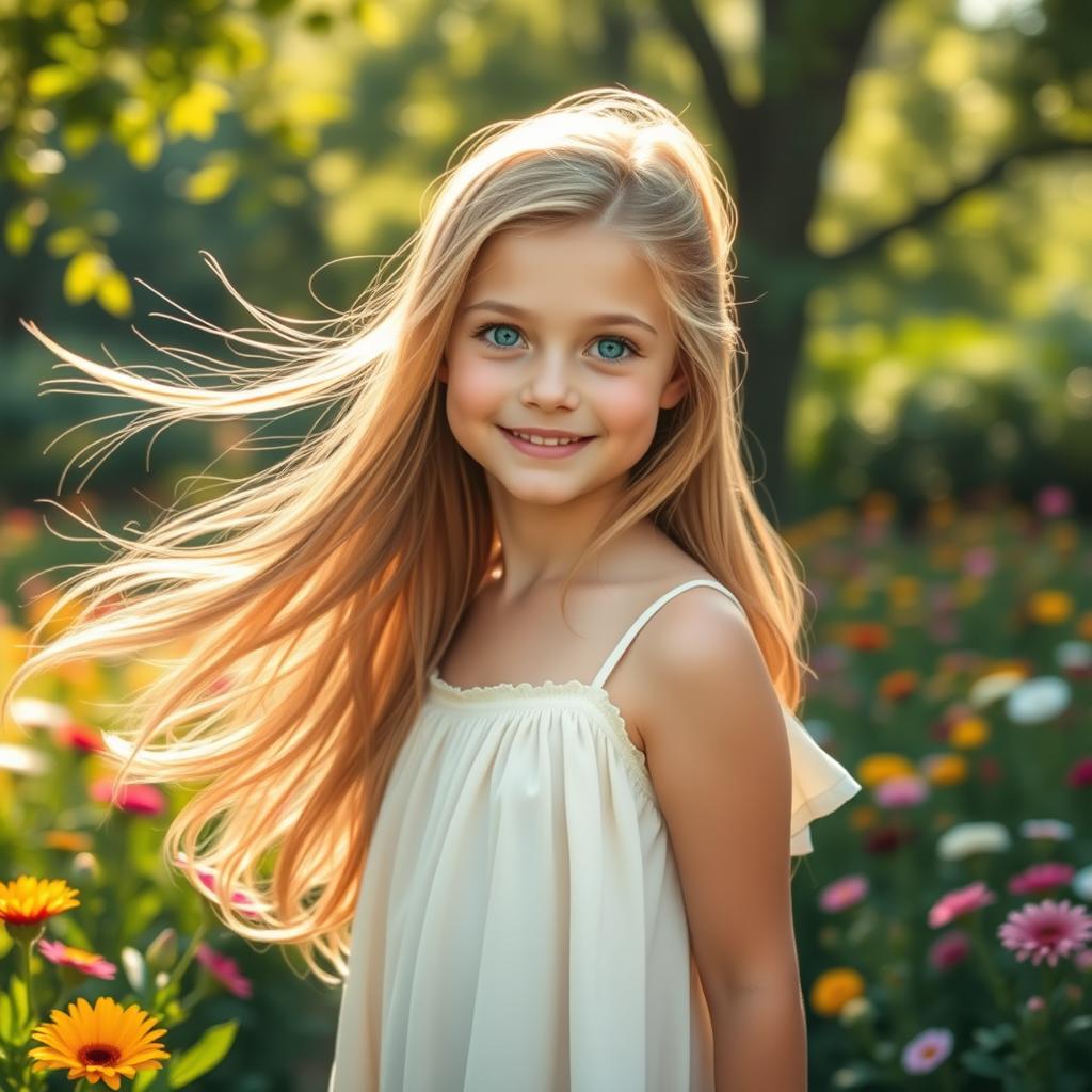 A stunningly beautiful girl with flowing long hair, sparkling blue eyes, and a radiant smile, standing in a lush green garden filled with colorful flowers