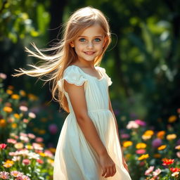 A stunningly beautiful girl with flowing long hair, sparkling blue eyes, and a radiant smile, standing in a lush green garden filled with colorful flowers