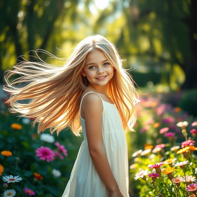 A stunningly beautiful girl with flowing long hair, sparkling blue eyes, and a radiant smile, standing in a lush green garden filled with colorful flowers