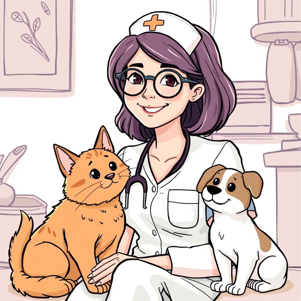 A woman in a nurse uniform wearing round glasses, sitting beside a friendly cat and dog