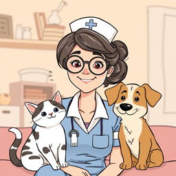 A woman in a nurse uniform wearing round glasses, sitting beside a friendly cat and dog