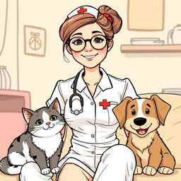 A woman in a nurse uniform wearing round glasses, sitting beside a friendly cat and dog