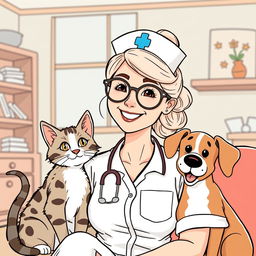 A woman in a nurse uniform wearing round glasses, sitting beside a friendly cat and dog