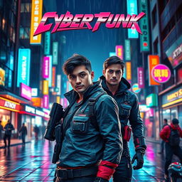 A vibrant movie poster set in a bustling cyberpunk city at night, featuring a dynamic duo of action heroes standing confidently