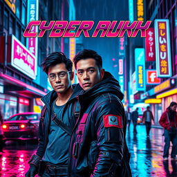 A vibrant movie poster set in a bustling cyberpunk city at night, featuring a dynamic duo of action heroes standing confidently