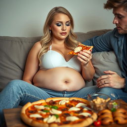A beautiful, curvy 18-year-old blonde girl with a thin face and large round soft breasts is sitting on a couch