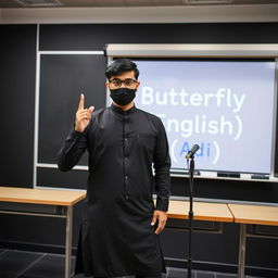 A 25-year-old, handsome Pakistani man wearing glasses, styled with short hair and a stylish beard