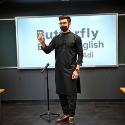 A 25-year-old, handsome Pakistani man wearing glasses, styled with short hair and a stylish beard
