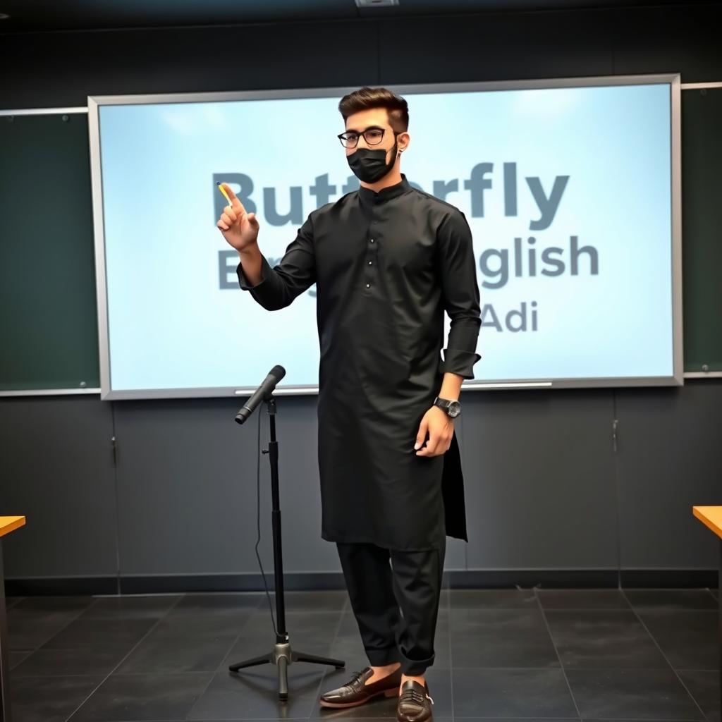 A 25-year-old, handsome Pakistani man wearing glasses, styled with short hair and a stylish beard